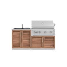 an outdoor grill with two sinks and cabinets