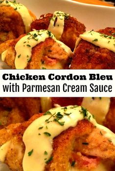 chicken cordon bleu with parmesan cream sauce in a white bowl