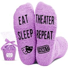 PRICES MAY VARY. THEATER SOCKS: These dark purple socks adorned with a captivating tragicomic mask and ticket design. Additionally, the socks are printed with the funny saying "EAT SLEEP THEATER REPEAT". ADORABLE PACKAGING: To ensure easy transportation, they are not assembled. However, we provide an exquisite gift box and a paper belt with each pair. With just a minute of your time, you can enjoy the fun of making a gift box that looks like a lovely cupcake. THEATER GIFTS: These funny theatre g Funny Theatre, Musical Gifts, Performance Gift, Theatre Performance, Film Gift, Purple Socks, Theatre Gifts, Theater Performance, Musical Gift