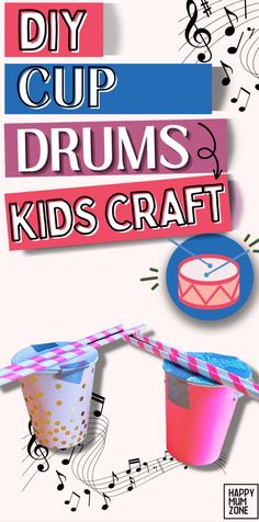 an advertisement for a kids's craft show with music notes and drums on it