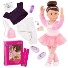 the doll is wearing a pink tutu and ballet outfit with shoes, tights, socks, headband, booties