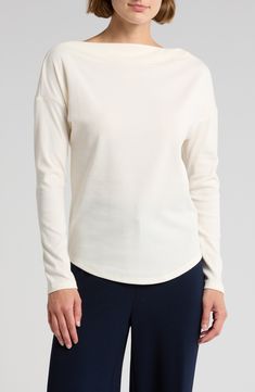 Refresh your essentials with a graceful boatneck long-sleeve top constructed from a stretchy ribbed knit. Boat neck Long sleeves 61% polyester, 33% cotton, 6% spandex Machine wash, dry flat Imported Versatile Long Sleeve Cream Tops, Versatile Cream Long Sleeve Tops, Cream Long Sleeve Top With Ribbed Cuffs, Beige Stretch Top With Ribbed Cuffs, Classic White Long Sleeve Knit Top, Elegant Cream Top With Ribbed Cuffs, Winter White Long Sleeve Knit Top, Cream Long Sleeve Soft Knit Top, Cream Stretch Knit Top With Long Sleeves