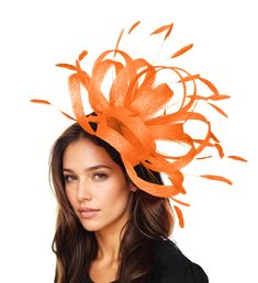 Tangerine Orange Feather Statement Fascinator Hatinator Hat Kentucky Derby Oaks Ladies Royal Ascot Weddings Cocktail Parties Headpiece Persian- Orange Large Persian Sinamay and Feathers Fascinator Hat Orange sinamay loops trimmed with orange coque feathers Measures about 14 inches wide, wider with feathers This orange headpiece is mounted with a matching headband. If you prefer a headband to match your hair, please make a note at check out what colour headband you want. Looking for a stylish and Elegant Fitted Hat For Halloween, Elegant Halloween Fascinator, Spring Formal Costume Hat With Feathers, Formal Spring Costume Hat With Feathers, Elegant Halloween Party Hats, Carnival Formal Fascinator Hat, Evening Carnival Headband Hat, Spring Festival Fitted Feather Headpieces, Spring Feather Headpieces