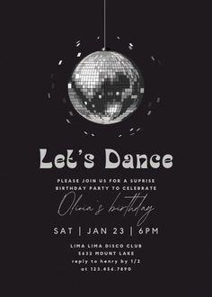 a disco ball birthday party card with the words let's dance on it