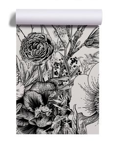 a wallpaper with black and white flowers on it