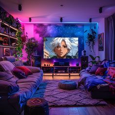 a living room filled with furniture and a flat screen tv mounted to the side of a wall