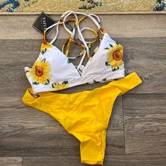 Nwt Zaful Size 8 Bikini - Sunflower Top On White With Matching Yellow Bottoms! Yellow Floral Print Swimwear For Poolside, Yellow Tropical Swimwear With Floral Print, Yellow Tropical Swimwear For Spring, Tropical Yellow Swimwear With Floral Print, Yellow Floral Print Swimwear For Beach Party, Yellow Floral Print Beachwear Swimwear, Tropical Yellow Floral Print Swimwear, Yellow Floral Print Swimwear For Beach, Spring Yellow Swimwear For Pool