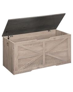 a large wooden box with an open lid and two doors on the front, in grey wood