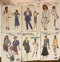 four ladies's tops and pants sewing patterns on top of each other