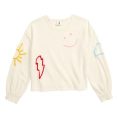 Embroidered Patches Stand Out In Eye-Catching Colors On This Soft Cotton Sweatshirt. - 100% Cotton - Size: 2 - Color: Cream - Sweatshirt - Embroidered This Stem Embroidered Sweatshirt Comes New Without Tags Attached & Comes From A Pet/Smoke Free Home. Casual Embroidered Long Sleeve Tops, Trendy Long Sleeve T-shirt With Embroidered Graphics, Trendy Long Sleeve Top With Embroidered Graphics, Trendy Embroidered Graphics Tops For Fall, Playful Relaxed Fit Tops For Fall, Fun Long Sleeve Cotton Top, Cute Long Sleeve Embroidered T-shirt, Spring Long Sleeve Tops With Embroidered Graphics, Trendy Embroidered Long Sleeve T-shirt