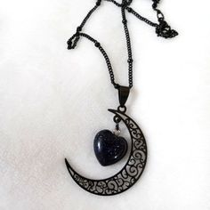 Gothic Witch Crescent Moon Black Sparkle Stone Heart Necklace Black Metal Heart Necklace For Party, Black Moon Charm Jewelry For Party, Black Jewelry With Moon Charm For Party, Black Crescent Metal Necklace, Black Moon Phase Necklace For Gift, Black Metal Heart Necklace Gift, Black Metal Crescent Necklace, Handmade Black Moon Necklace, Black Crescent Necklaces As Gift