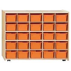 an orange storage unit filled with lots of bins and plastic containers on top of it