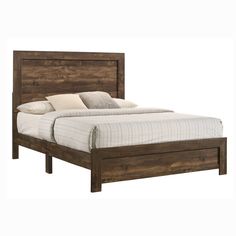 a bed that has a wooden frame and headboard on top of it, against a white background