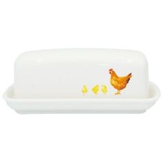 a white tray with yellow chickens on it