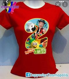 a red t - shirt with an image of the characters from toy story 2 on it