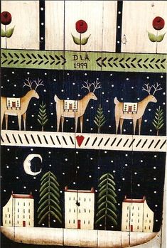 an art piece with deers and trees in the night sky, painted on wood