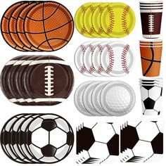 sports themed party supplies including plates, cups and napkins