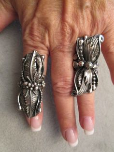 "Oh my gosh...these are spectacular! For your consideration are these five Navajo totally handcrafted rings with NO mass produced pieces. They are each one of a kind and totally awesome! In the 2nd photo, from left to right (yes, YOUR left) they are numbered 1 through 5....the corresponding #'s and their respective sizes are in the drop down. Each could be resized a bit by your local jeweler. They are heavy, well made rings, and vary in weight from about 22gms. to 26gms. and are 2 1/4\" long. Th Bohemian Silver Concho Rings, Southwestern Silver Collectible Rings, Southwestern Style Nickel-free Silver Rings, Nickel-free Southwestern Silver Rings, Southwestern Style Nickel-free Sterling Silver Rings, Totally Awesome, Kingman Turquoise, Filigree Design, Handcrafted Rings