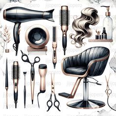 a collection of hair and beauty products on a white background, including scissors, combs, blow dryer, brush, clipping paper