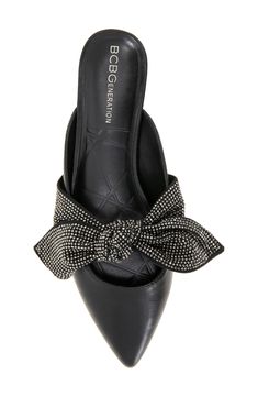 A pointed-toe mule offers effortlessly chic style with a knotted bow illuminated by sparkly pavé rhinestones. Synthetic upper, lining and sole Imported Bow Mules, Rhinestone Bow, Kandy, Mule, Nordstrom Rack, Chic Style, Nordstrom, Black