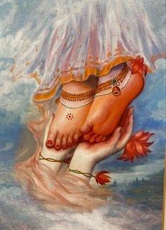 a painting of a woman's feet in the air