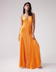 Dresses by ASOS DESIGN Best dressed: secured V-neck Fixed straps Contrast panels Side zip closure Regular fit Orange Dress Lulus, Orange Formal Dress, Wedding Dresscode, Orange Bridesmaid, Orange Bridesmaid Dresses, Orange Dresses, Holiday Dress Outfit, Cami Maxi Dress, Satin Cami