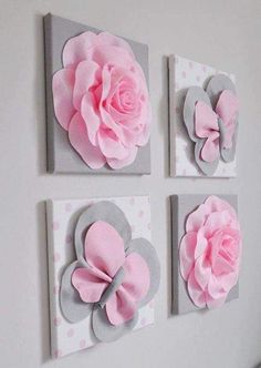 Deixe sua imaginação fluir e faça lindos quadros, para enfeitar o quarto da sua bebê. #estougrávidaeagora? #bamboollestore Rose Nursery, Nursery Wall Murals, Nursery Mural, Baby Rosa, Light Pink Rose, Diy Buttons, Butterfly Decorations, Pink And Gray