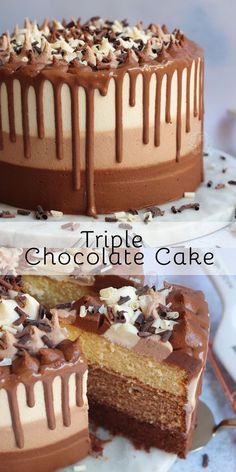 a triple chocolate cake with one slice cut out