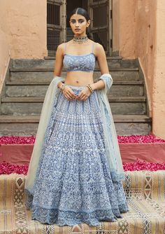 Jade By Monica & Karishma-Azura Aegean Blue Lehenga Set-INDIASPOPUP.COM Modern Lehenga, Aegean Blue, Lehenga Blouse Designs, Blue Lehenga, Embroidered Lehenga, Lehenga Blouse, Indian Wedding Outfits, Embroidered Neckline, Lehenga Designs