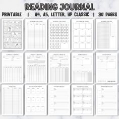 the printable reading journal is shown in black and white, with several pages lined up on