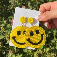 Perfect statement earrings for the summer! 😊Smiley face/happy face earrings will bring smiles to everyone that's around you! 💥Message me for bulk orders They come in a gift pouch so they are great for gifts too! These are all made and ready to ship! 🌟Please leave a message if you need clip-on 🌟All orders placed before 2pm PST will be shipped on the Same day 🌟Delivered by first class. If you need the order in 2-3 days, please upgrade your shipping service! 🌟Please double check your address Trendy Round Beaded Earrings, Cute Beaded Earrings For Summer, Trendy Summer Beaded Earrings, Fun Beaded Earrings For Summer Gifts, Playful Beaded Summer Earrings, Playful Yellow Earrings For Summer, Playful Yellow Summer Earrings, Fun Yellow Earrings For Summer, Fun Summer Beaded Earrings