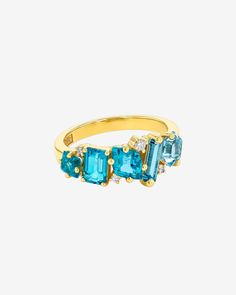 Kalan By Suzanne Kalan Nadima Blend Aqua Ombre Ring in 14k yellow gold Fine Jewelry Multi-stone Topaz And Diamond Ring, Fine Jewelry Diamond Multi-stone Topaz Ring, Fine Jewelry Baguette-cut Multi-stone Diamond Ring, Fine Jewelry Blue Topaz Rings With Single Cut Diamonds, Emerald Cut Multi-stone Topaz Ring In Fine Jewelry Style, Fine Jewelry Multi-stone Topaz Rings, Fine Jewelry Topaz Multi-stone Rings, Multi-stone Diamond Topaz Ring, Fine Jewelry Blue Topaz Cluster