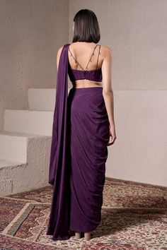 Purple pre-draped saree in  shimmer satin base. Comes with a flat silk padded blouse with cutdana and beaded hand embellishments. - Aza Fashions Draped Saree, Purple Saree, Satin Hands, Padded Blouse, Drape Saree, Embellished Blouse, Beaded Neckline, Blouse For Women, Aza Fashion