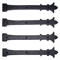 four black knives are lined up in a row on a white background, with one being cut open and the other is empty