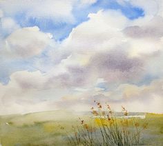 watercolor painting of grass and clouds in the distance