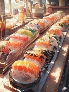 there are many sushi dishes on the table