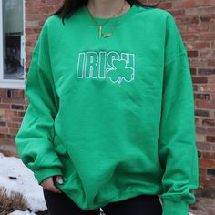 cotton/poly irish green crewneck with embroidered design! unisex adult sizing. these are made to order! please allow 2-4 weeks for shipment ᵕ̈ model is 5'5, usually a size small & wearing a size xlarge. Green Crew Neck T-shirt With Custom Embroidery, Green Long Sleeve Sweatshirt With Embroidered Graphics, Casual Green Sweater With Embroidered Graphics, Green Relaxed Fit Top With Embroidered Logo, Green Embroidered Crew Top, Relaxed Fit Green Top With Embroidered Logo, Green Embroidered Crew Neck Top, Green Long Sleeve T-shirt With Custom Embroidery, Green Embroidered Long Sleeve Sweatshirt