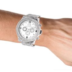 This Men's Diamond Band Watch by LUXURMAN features 1 carat of round diamonds masterfully set on the bezel and the band of the stainless steel watch. The white mother of pearl face of this LUXURMAN wrist watch showcases three subdials with date, day and 24 hour display. This men's diamond watch is water-resistant. Classic Silver Diamond Watch With Cubic Zirconia, Iced Out Round Jewelry For Anniversary, Classic Silver Iced Out Diamond Watch, Silver Stainless Steel Diamond Watch With Diamond Accents, Silver Diamond Accented Stainless Steel Watch, White Stainless Steel Diamond Watch With Round Dial, Luxury White Chronograph Watch For Anniversary, Chronograph Round Jewelry And Watches For Anniversary, Anniversary Diamond Watch With Chronograph