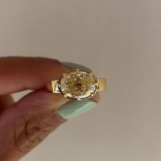 a woman's hand holding a yellow diamond ring