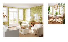 a living room filled with white furniture and green wallpaper covered in palm tree leaves