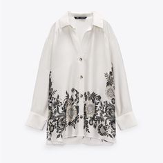 Nwt. Zara White Satin Effect Printed Flowing Collared Shirt With Cuffed Long Sleeves, Button-Up Front, Side Vents. Size L. Ref. 2416/117. Pit To Pit 25" Flat, Shoulders 23", Sleeves 20", Length 30". 1010 White Printed Button-up Tops, White Floral Print Long Sleeve Blouse, White V-neck Shirt With Floral Embroidery, Floral Embroidered Shirt For Workwear In Fall, White Button-up Top With Floral Embroidery, Elegant White Printed Tops, White Floral Embroidered Button-up Top, Chic White Shirt With Floral Print, Elegant White Printed Shirt