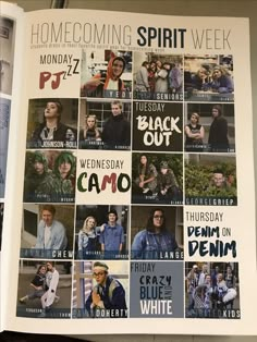 an open book with pictures of people and words on it that read, home coming spirit week