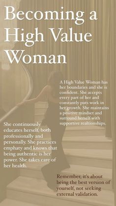 a woman is standing on some stairs with her hand in her pocket and the words becoming a high value woman