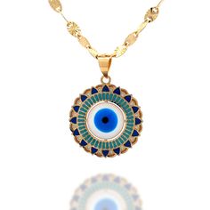 Embrace the protective power of the Evil Eye with our Hand-Painted Evil Eye Pendant. This captivating piece of jewelry combines ancient symbolism with modern artistry, hand-painted to exude beauty while safeguarding against negative energies. Product Specifications:  * Material: 14k Solid Gold, hallmarked 14K or 585 for authenticity * Diameter: 20mm / 0.78in 14k Solid Gold Chains: * Adjustable Chain 16"18" 0.5mm * Sun Oval Chain 16" 3mm Delivery:  * Ready to ship in 1 business day. * Delivers in Spiritual Evil Eye Medallion Jewelry, Bohemian Medallion Jewelry For Good Luck, Bohemian Good Luck Medallion Jewelry, Artistic Blue Jewelry For Festivals, Round Necklace With Artistic Design For Spiritual Style, Round Necklace With Artistic Design And Spiritual Style, Spiritual Round Necklace With Artistic Design, Spiritual Round Necklaces With Artistic Design, Artistic Blue Necklaces For Festivals