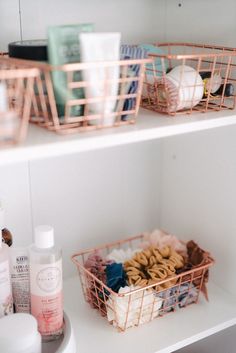 the shelves are filled with beauty products and personal care items