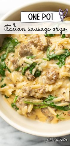 a bowl of pasta with text overlay that reads one pot italian sausage orzo Italian Sausage Orzo, Spaghetti With Shrimp, Sausage Orzo, One Pot Orzo, Seafood Spaghetti, Sausage And Spinach, Italian Sausage Recipes, Orzo Recipes, Pasta Dinner Recipes