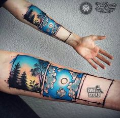 two arm tattoos with trees and clouds in the sky on both sides of each arm