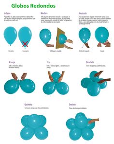 the instructions for how to make balloons in different shapes and sizes, including blue with brown tips