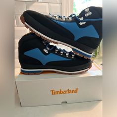 The Timberland Euro Hiker Black Nubuck With Blue Waterproof Boots Are A Versatile And Durable Option For Men Who Enjoy Hiking, Working, Or Casual Wear. These Boots Feature A 6-Inch Shaft Height, Lace-Up Closure, And Medium Width. The Leather Upper And Outsole Are Waterproof, Making Them Suitable For Outdoor Activities. The Black Nubuck With Blue Accents Adds A Stylish Touch, While The Leather Lining And Insole Provide Comfort. Timberland Euro Hiker, Timberland Field Boots, Timberland Leather Boots, Combat Boots Men, Mens Chukkas, Shoes Boots Timberland, Leather Work Boots, Brown Leather Ankle Boots, Timberlands Shoes