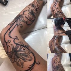 the legs are decorated with tattoos and flowers